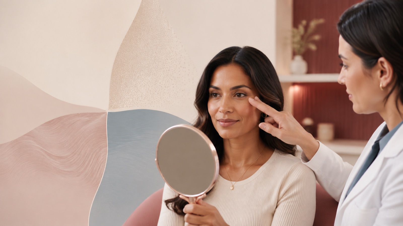 A woman examining her under-eye area with a clinician during a consultation