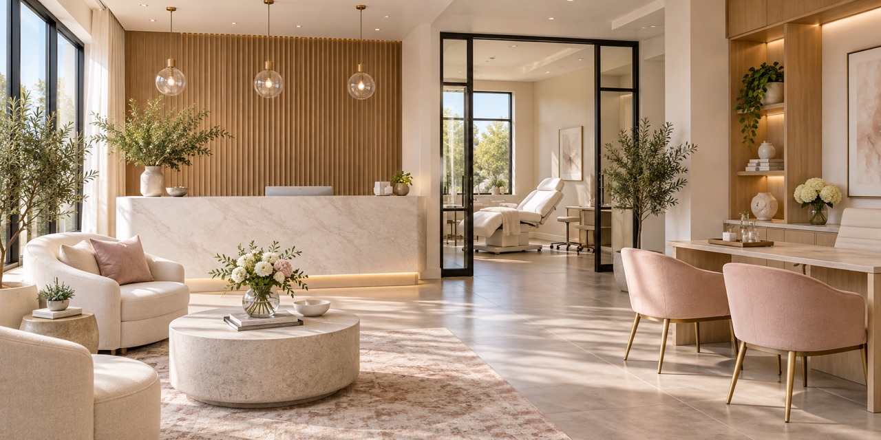 Illustration of a bright reception lobby with a treatment room beyond.