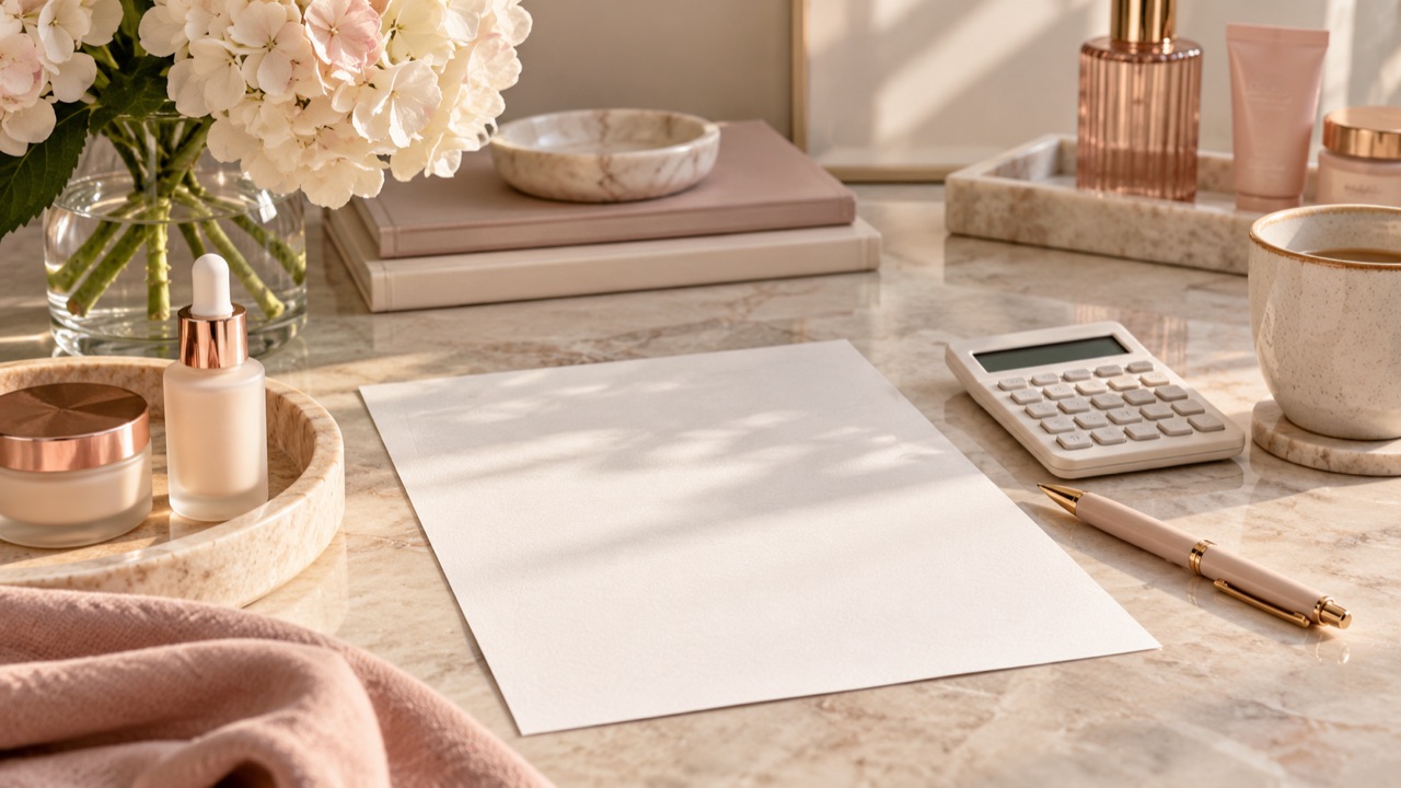 Illustration of a blank quotation page, calculator and pen on a desk.